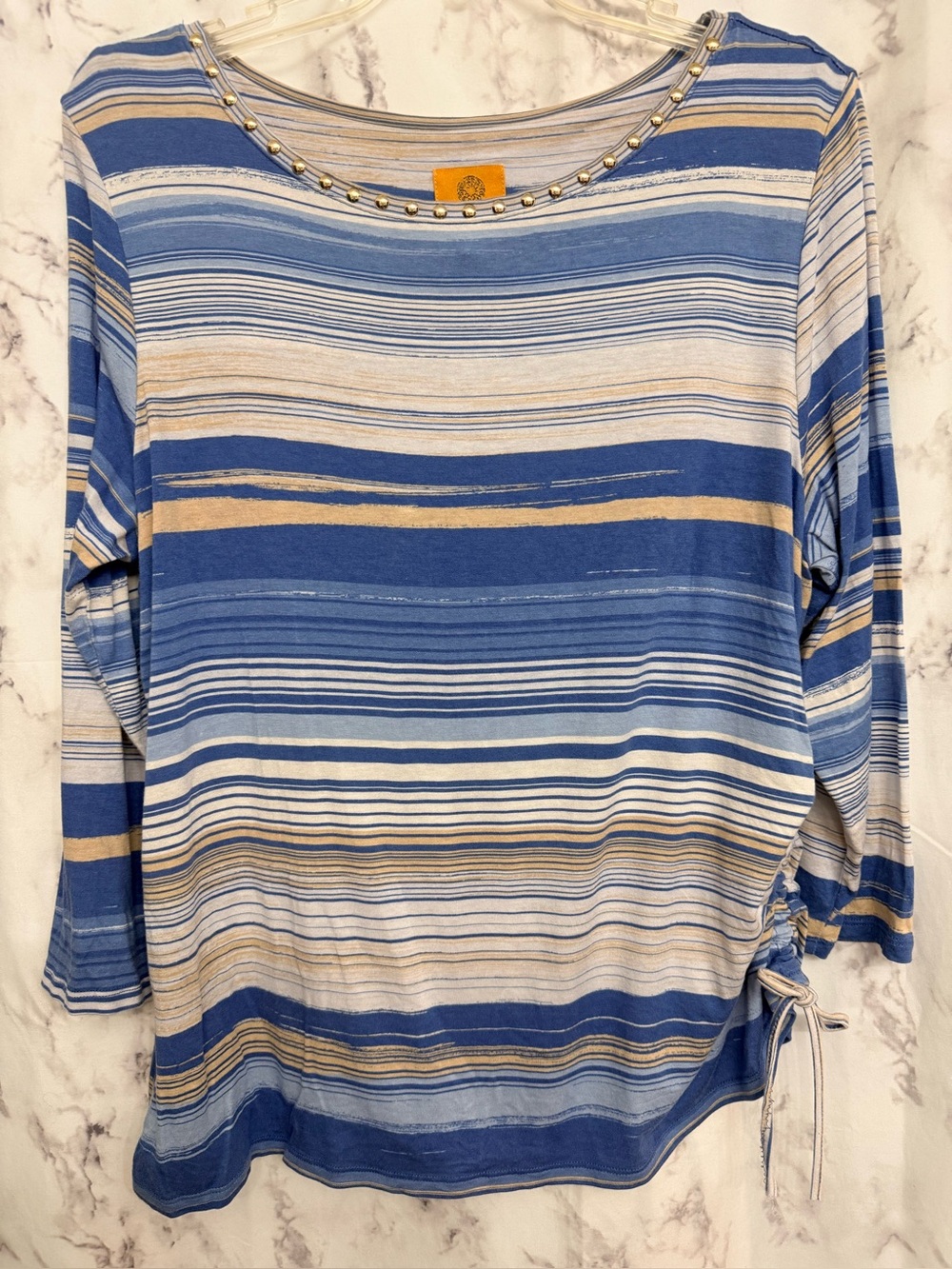 Ruby Rd. Blue and Tan Striped Long Sleeve Top with Beaded Neckline